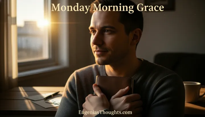 Man sitting by a window at sunrise, holding a journal to his chest and looking hopeful, symbolizing God’s grace and steady love in the middle of past mistakes and scrutiny.