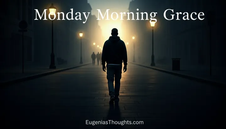 Man walking alone down a misty city street toward warm light, symbolizing withdrawing your energy from toxic people and stepping into God’s protection. Monday Morning Grace feature image.