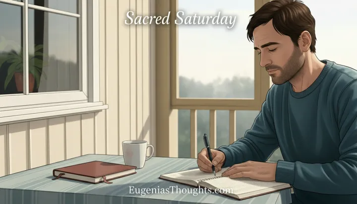 Man journaling at a table on a peaceful porch with a notebook and coffee, Sacred Saturday text above, symbolizing rest, reflection, and spiritual alignment in a chaotic world.