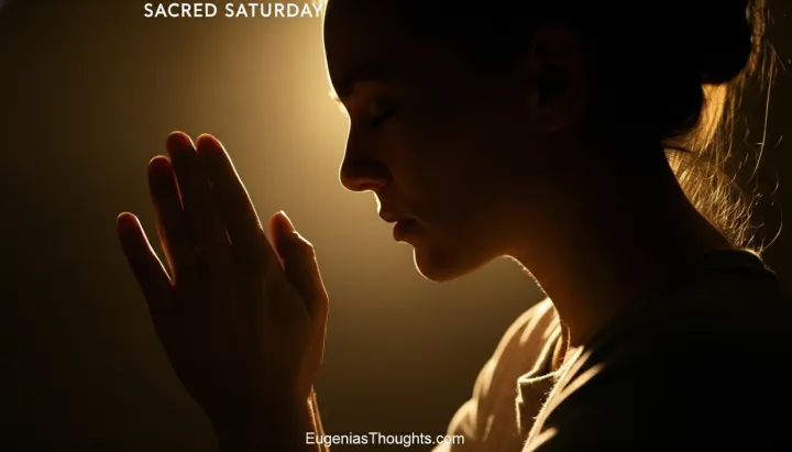 Side profile of a woman praying with hands together in warm golden light, eyes closed, symbolizing Sacred Saturday rest, reflection, and trust in God during spiritual warfare.