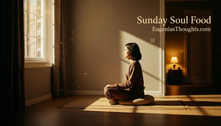 Woman sitting peacefully in a sunlit room with “Sunday Soul Food – EugeniasThoughts.com” text, symbolizing beginning the week grounded in God’s calming presence.