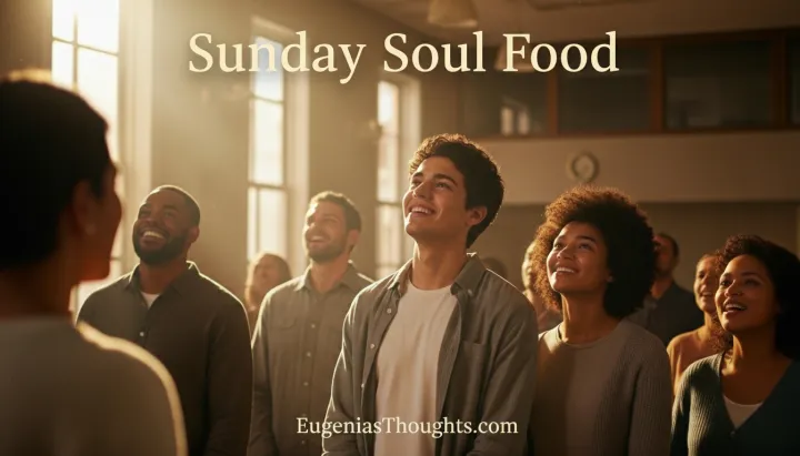Diverse group of people standing together in warm sunlight, smiling and looking upward during worship, symbolizing Sunday Soul Food community, high vibration, and hope for the week ahead.