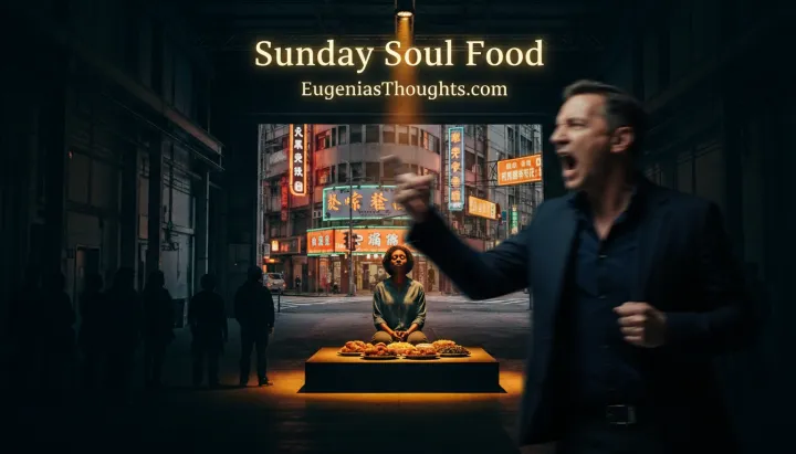 Calm person seated at a lit table in a city alley while a blurred figure rants in the foreground, with “Sunday Soul Food – EugeniasThoughts.com” glowing above.