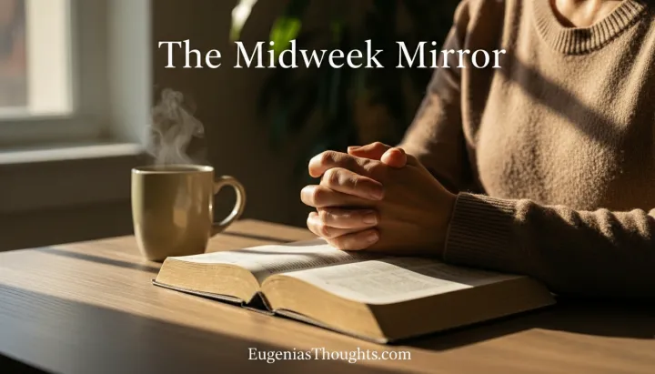 Hands folded over an open Bible next to a steaming mug in warm window light, The Midweek Mirror and EugeniasThoughts.com text, symbolizing midweek reflection and grounding in Jesus.