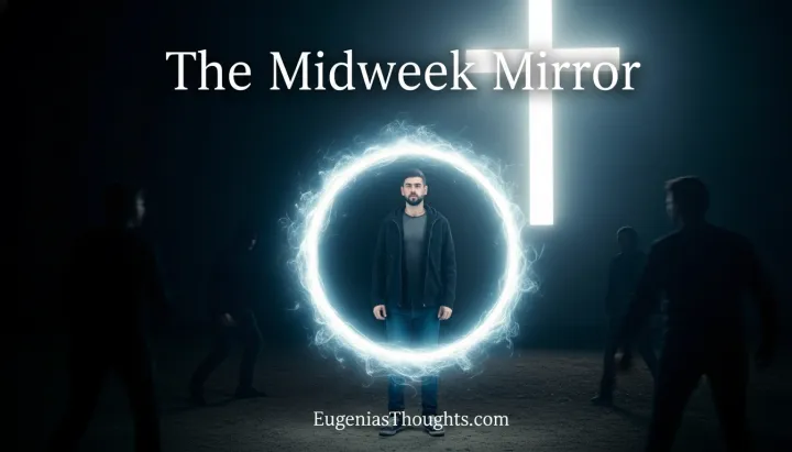 Man standing inside a glowing circle of light beneath a bright cross while shadowy figures surround him in the dark, symbolizing spiritual boundaries, protection, and testing every spirit.