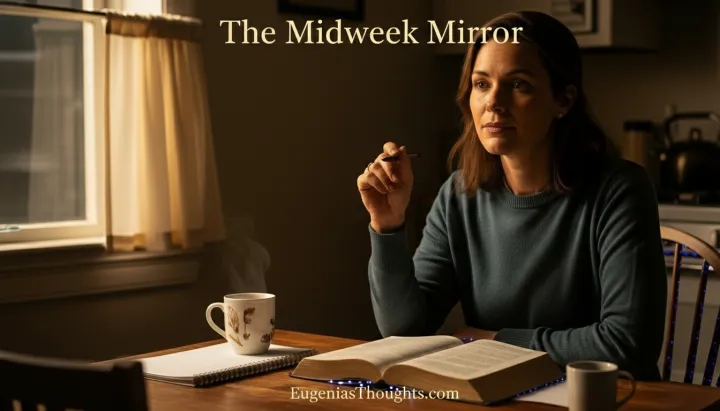 Woman sitting at a kitchen table with an open Bible, notebook, and coffee, lit by warm window light, reflecting quietly during a midweek pause for spiritual insight and self-compassion.