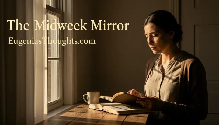 Woman reading by a sunlit window with an open book and the words “The Midweek Mirror – EugeniasThoughts.com,” symbolizing quiet reflection while remaining clean amid character attacks.