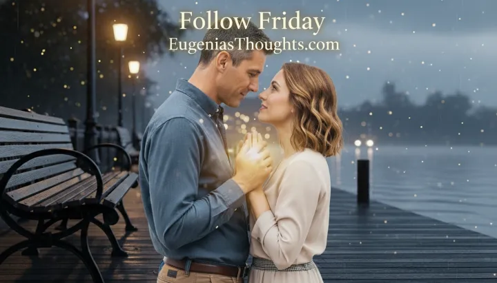 Man and woman holding glowing hands on a rainy lakeside boardwalk at dusk under “Follow Friday – EugeniasThoughts.com,” symbolizing steadfast, film-worthy love guided by faith.
