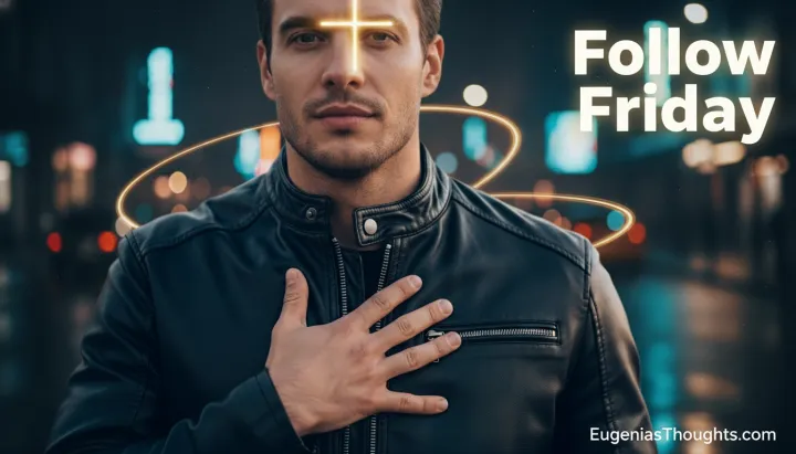 Man in a leather jacket at night with hand over his heart, glowing cross on his forehead and light rings behind him, symbolizing Follow Friday faith and alignment with Jesus.