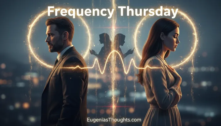 Man and woman stand back-to-back at night, glowing halos and a golden heartbeat line connecting their chests, symbolizing separated lovers still tuned to each other’s hearts.