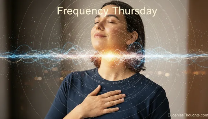Woman with hand on her heart as glowing frequency waves and circular energy patterns radiate across the image, representing spiritual alignment and abundant mindset.