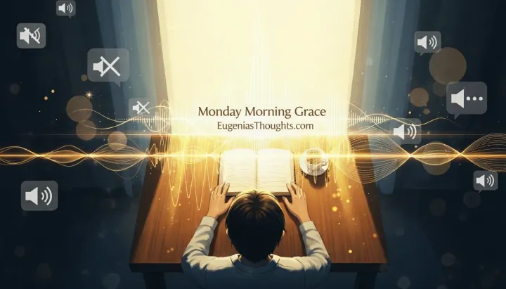 Person at a glowing table with an open book and coffee, golden sound waves around them under “Monday Morning Grace – EugeniasThoughts.com,” tuning into God’s quiet frequency.