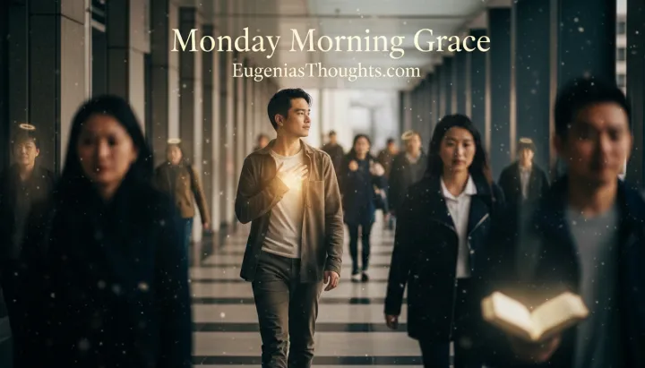 Person walking through a busy hallway with a glowing heart while others pass by, one holding an illuminated book, with “Monday Morning Grace – EugeniasThoughts.com” above.
