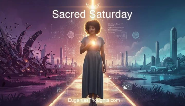 Afro-textured woman standing barefoot on a glowing path, hand over heart, halo of light and dove above her, futuristic city on one side and ruins on the other.