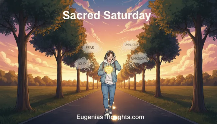 Person with headphones walks on a sunset road between trees, heart glowing while word clouds saying “fear” and “unknown” fade around them, symbolizing thoughts shifting into peace.