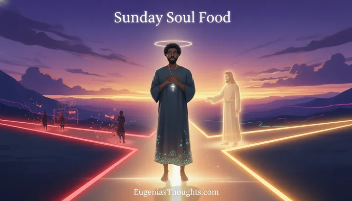 Black man standing at a glowing crossroads at sunset, halo over his head, cross necklace shining, Jesus behind him on a bright path, other figures fading in the distance.