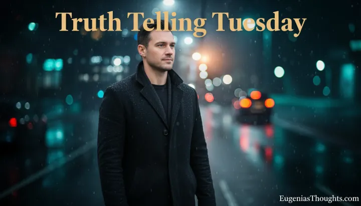 Manly man in a dark coat standing alone in a rainy city street at night, with bokeh car lights behind him, symbolizing courage, confusion, and Truth-Telling Tuesday.