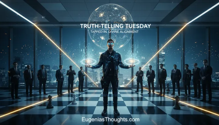 Man standing on a glowing chessboard in a glass office with city lights, light swirling from his hands, surrounded by suited figures, under “Truth-Telling Tuesday” and “EugeniasThoughts.com.”