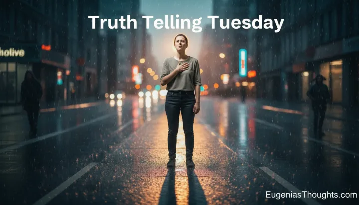 Person standing alone on a rainy city street under blurred lights, hand over heart, symbolizing Truth Telling Tuesday, feeling watched yet rooted in faith and honesty.