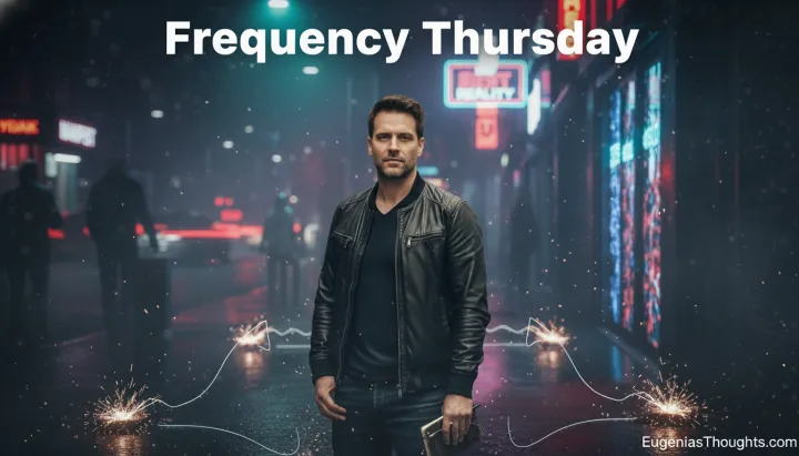 Man in a black leather jacket standing on a neon city street at night with sparks and glowing lines at his feet, under the title “Frequency Thursday” and text EugeniasThoughts.com.