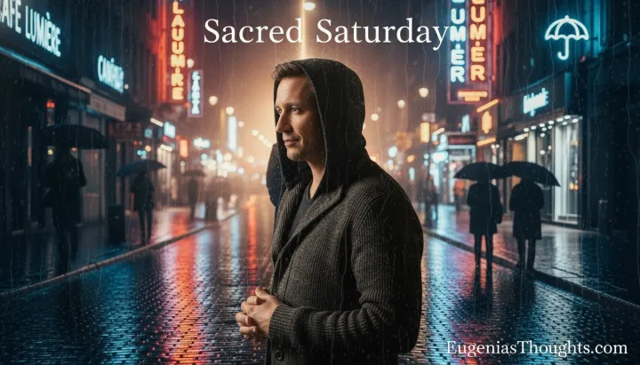 Man in a hooded sweater standing on a rainy neon city street at night, under the title “Sacred Saturday” with EugeniasThoughts.com at the bottom right.